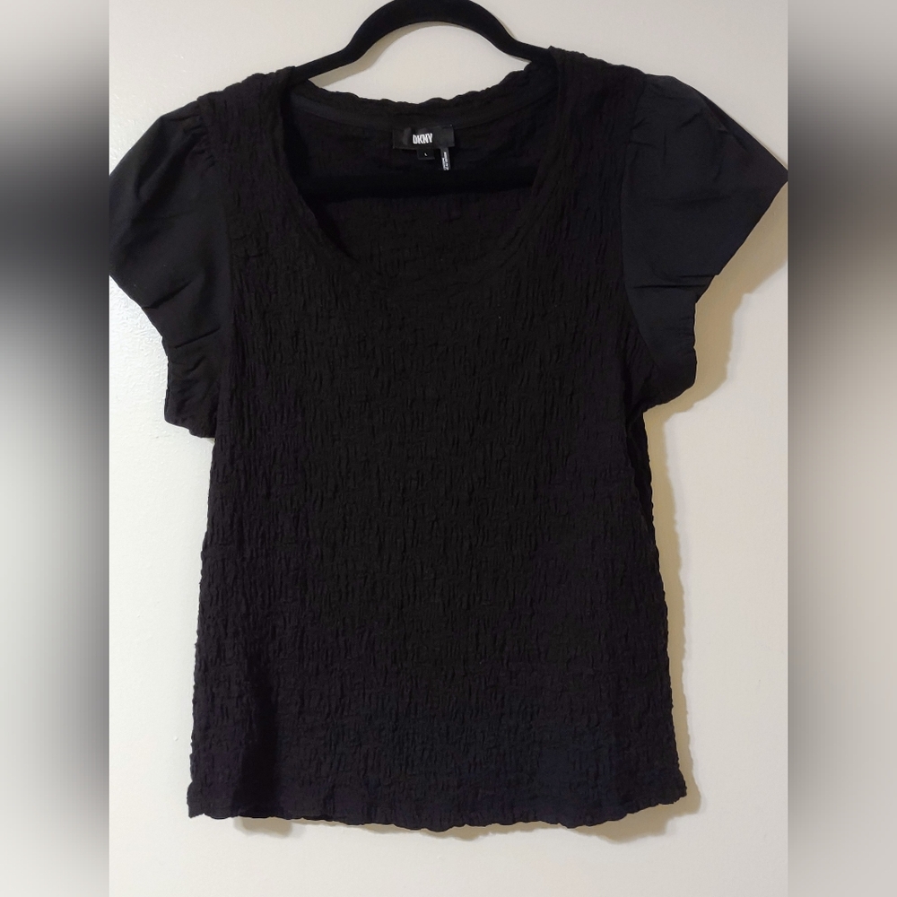 DKNY Black Short Sleeve Scoop Neck Textured Top L